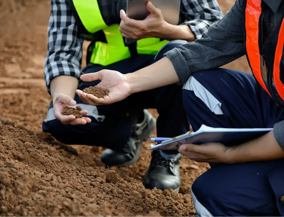 Construction workers examining dirt on site