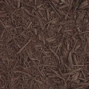Close-up of dark brown wood mulch spread on ground.
